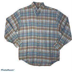 JOS A. BANK Linen Shirt Men M Button Up Long Sleeve Blue  & Tan Plaid